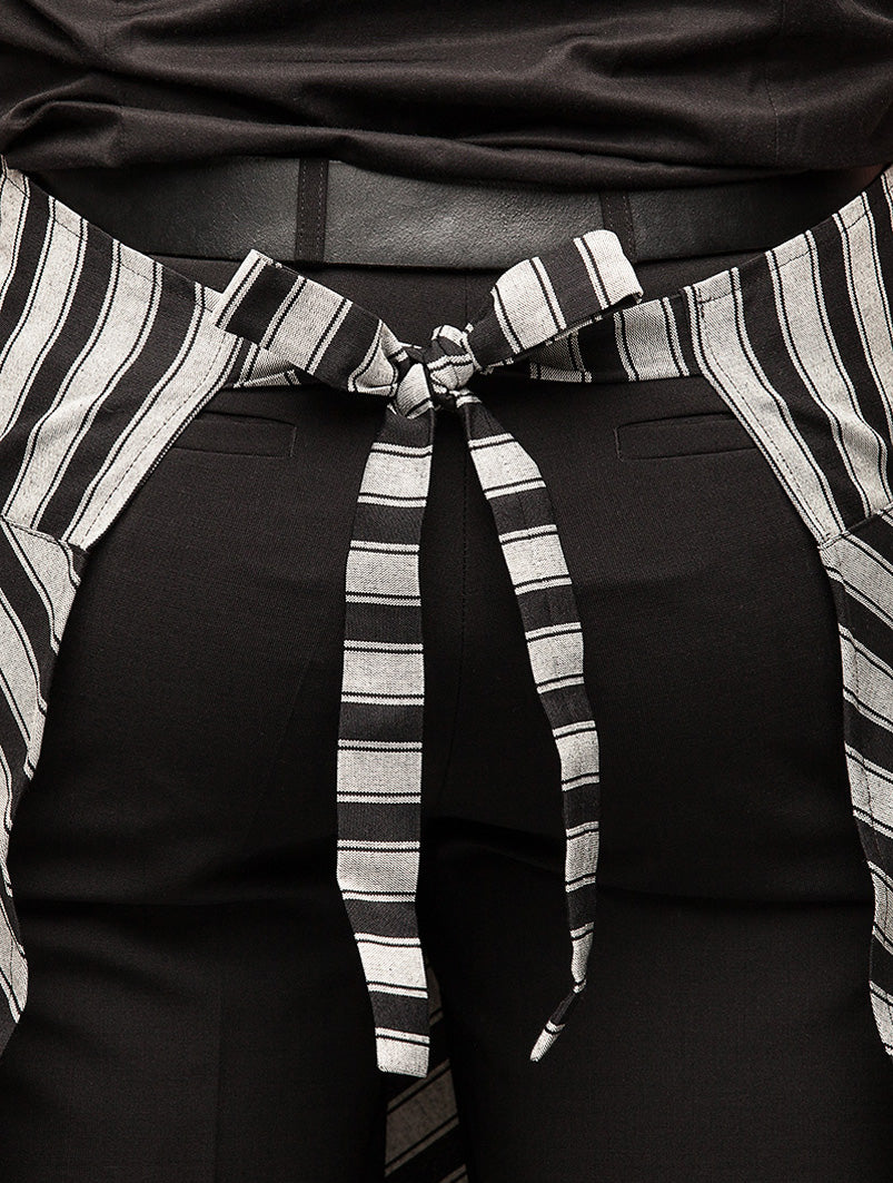 black grey striped apron back strings
