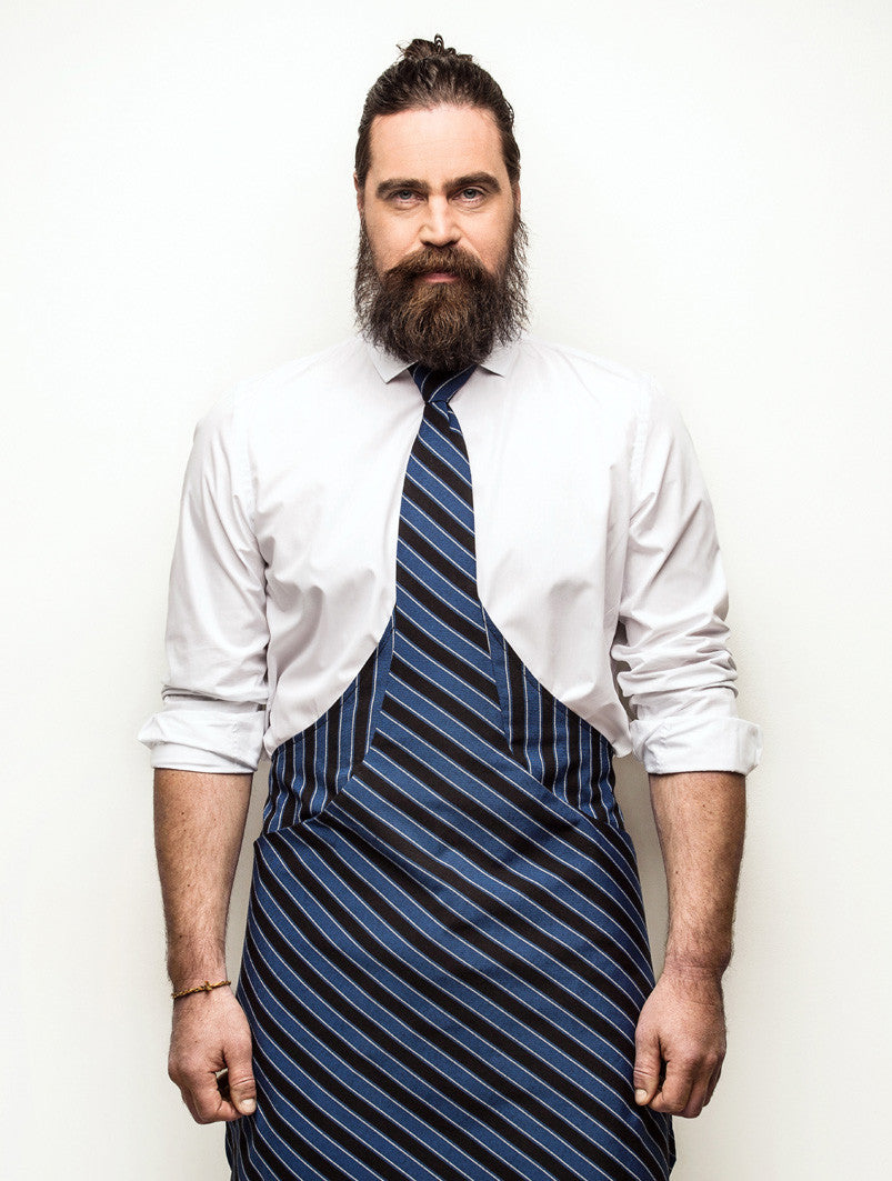 blue black white striped tie apron nice bearded man